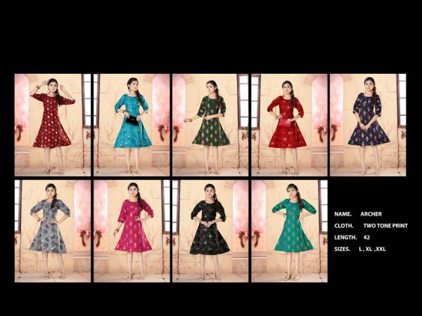 Archer Two Tone Regular Wear Cotton Printed Designer Kurtis Collection